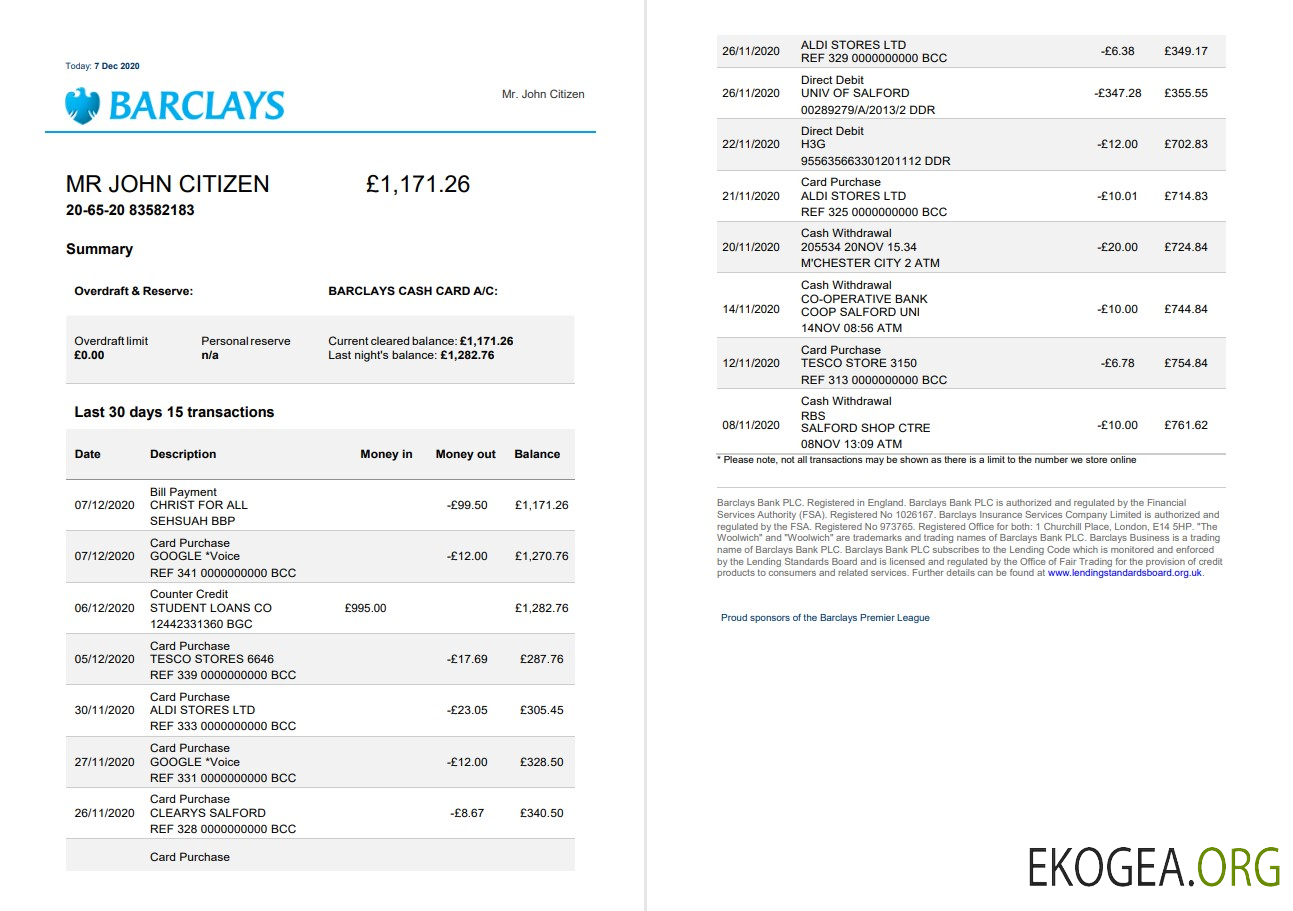 Modèle de relevé bancaire Barclays Royaume Uni au format Word et PDF, version 3 (2 pages)